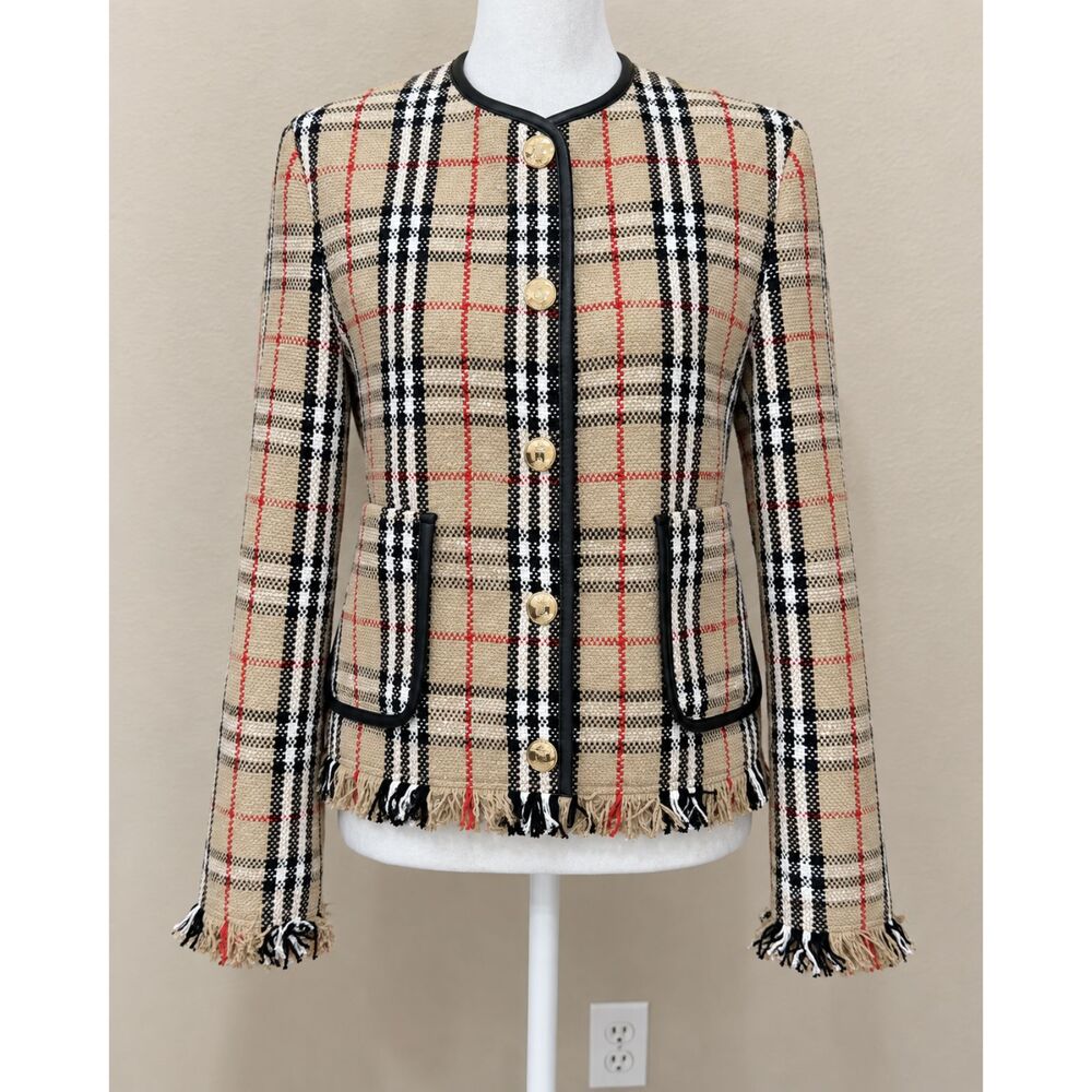 BURBERRY Upney Vintage Check Bouclé Collarless Jacket, Size 4 - Picture 9 of 10